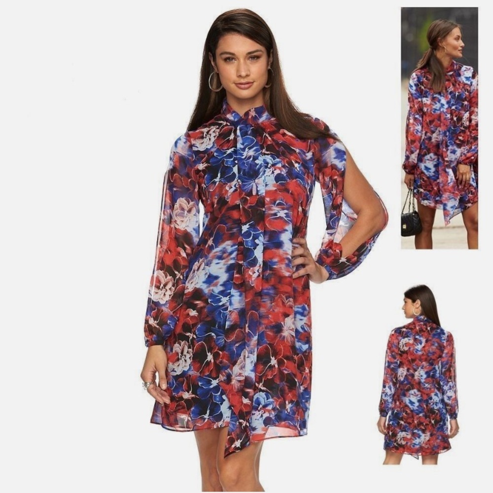 Jennifer Lopez Beautiful Red and Blue Floral Midi Shift Dress
